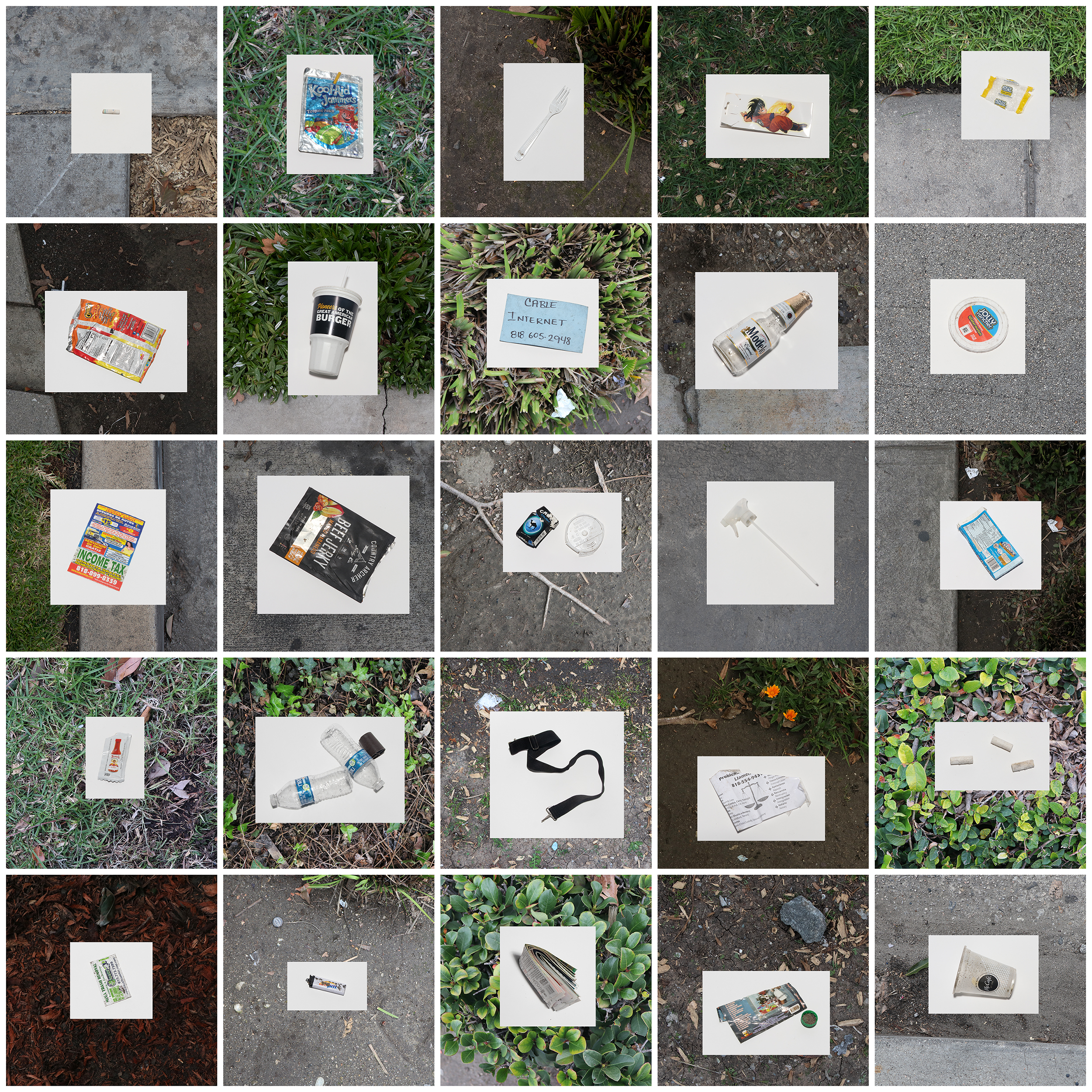 Squared grid of 25 different photos of the ground outside and a variety of garbage behind white backgrounds placed inside of each square in the grid.