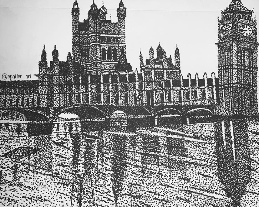 Pointillism of the Big Ben and other buildings and their reflections on water