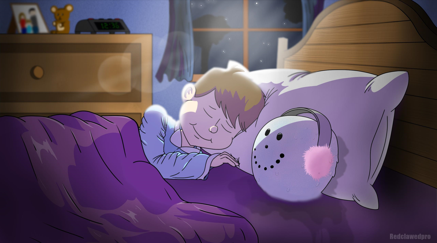 Digital art of a child sleeping on his bed in his bedroom with a snowman's head wearing earmuffs melting on his bedside
