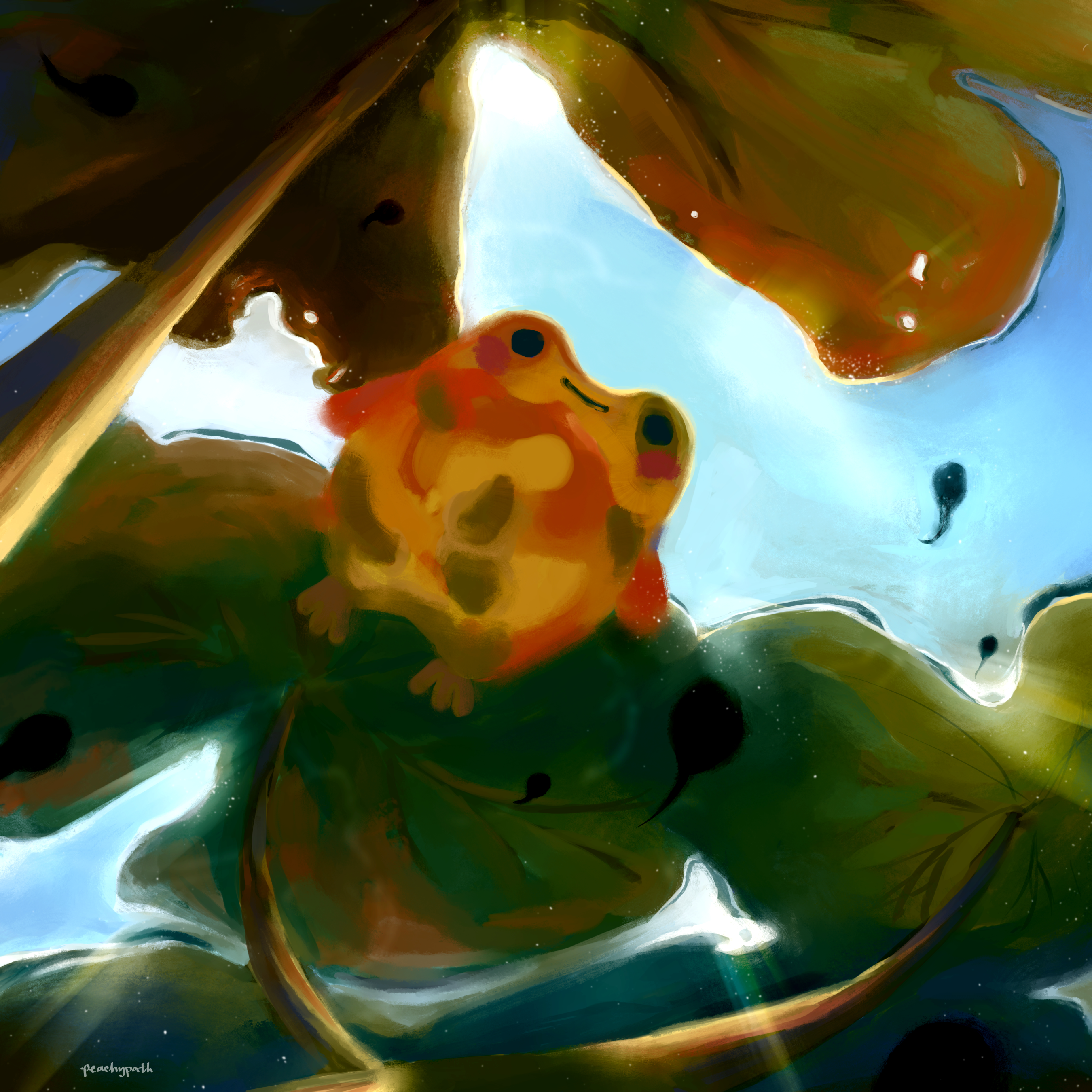 Digital painting of a frog and tadpole and large leaves