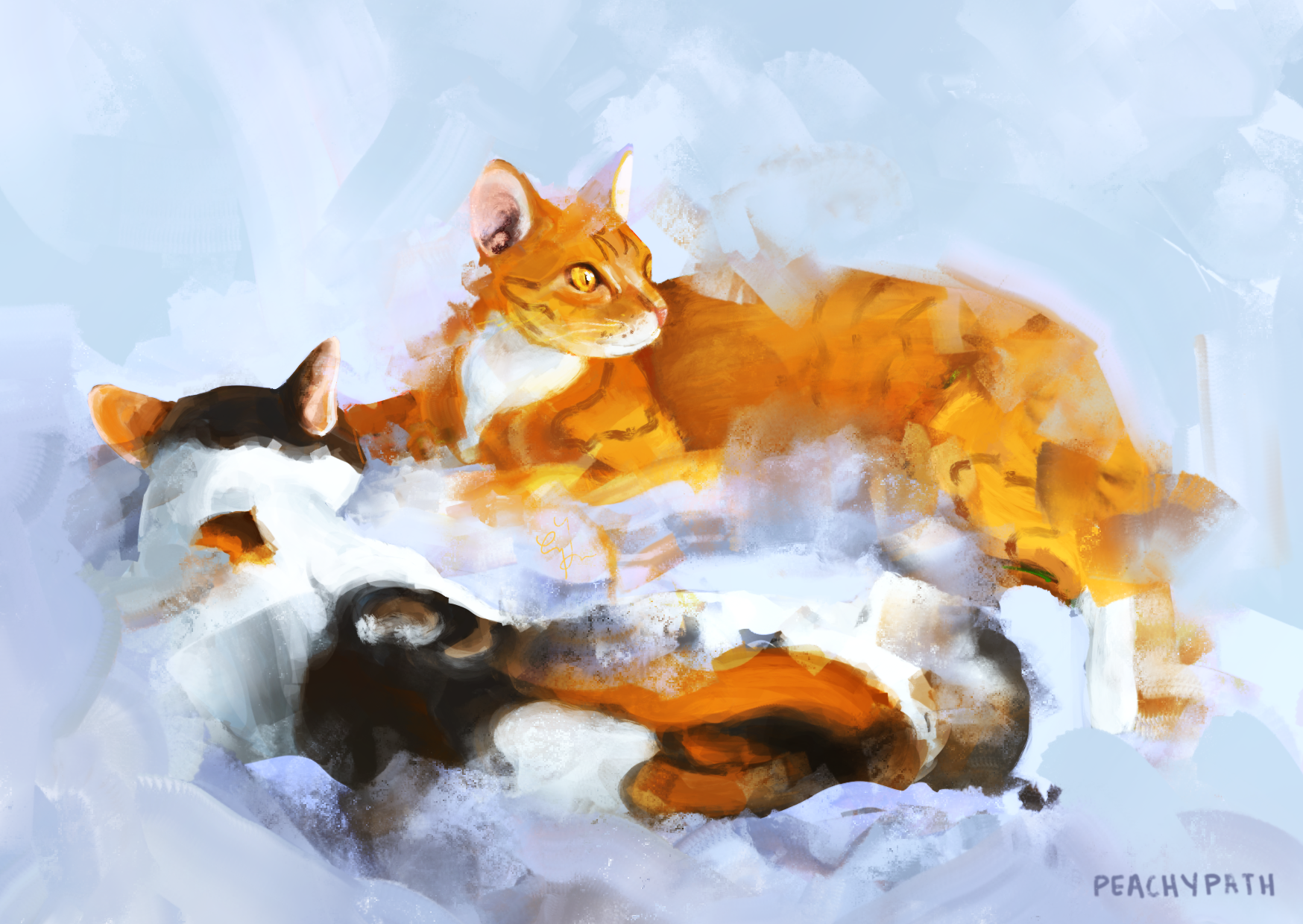 Stylized digital painting of two cats laying