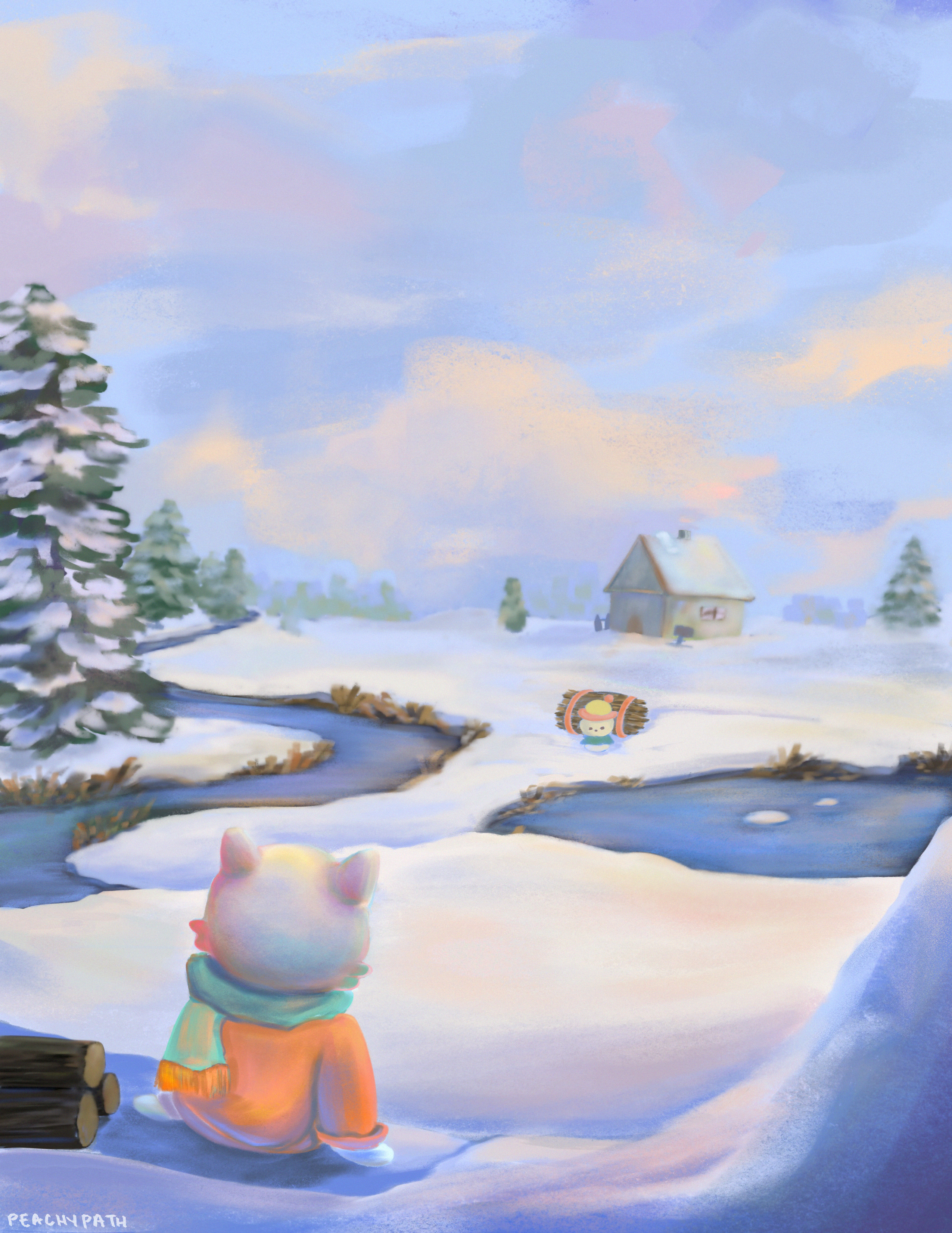 Snow on the floor with snowy trees and a small house in the background a cat wearing a sweater sits in the left corner and a small creature carrying wood in the middle