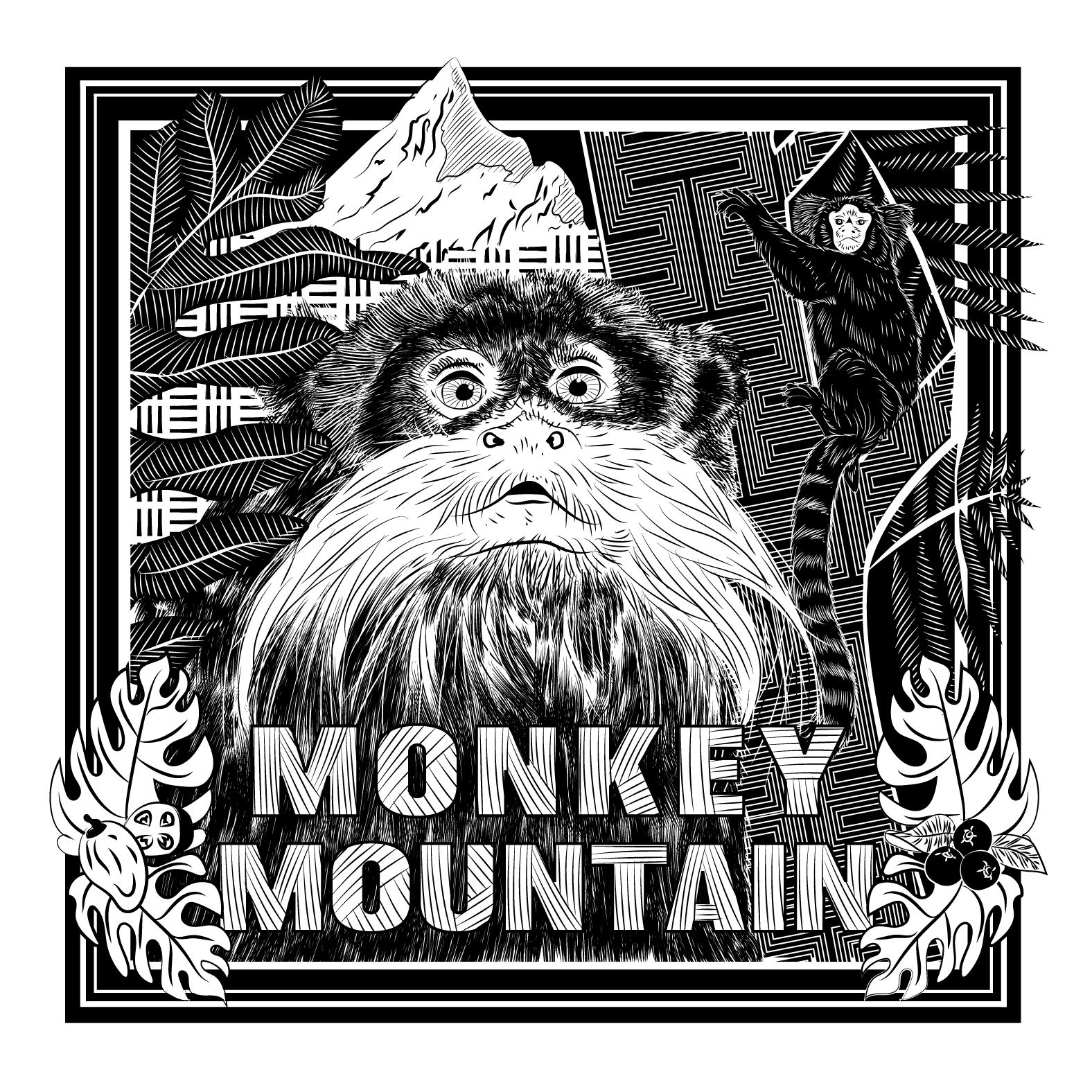 Monkey Mountain large text in the center and a monkey's face on the center with a mountain and a smaller monkey holding onto a tree trunk in the background and stylized leaves and fruit in the front