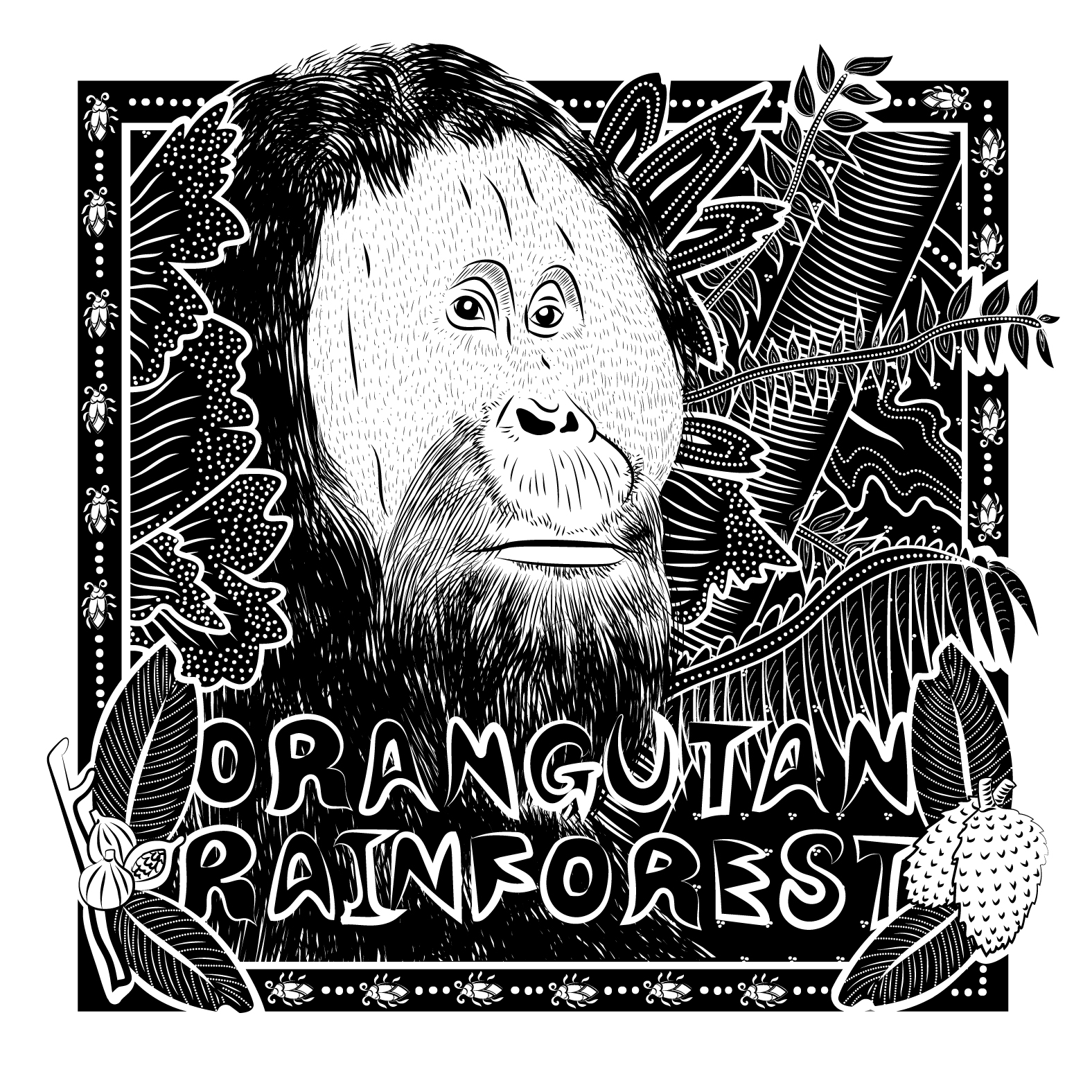 Large letters read Orangutan Rainforest in the front with a large Orangutan face in the center and stylized leaves branches and tree trunks in the background and smaller stylized leaves and fruits in front of text